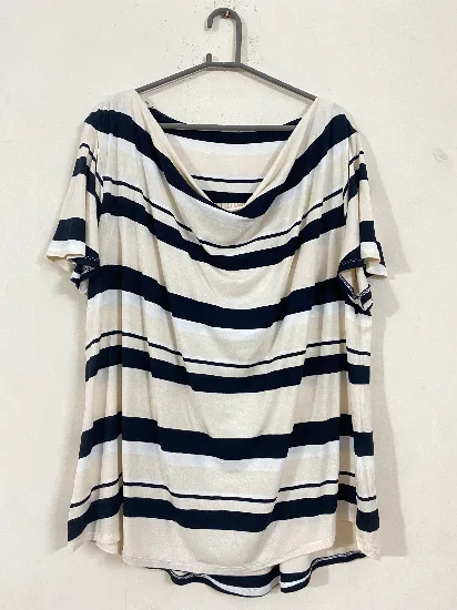 Stylish Navy, Beige and White Striped Cowl-Neck Top for Women