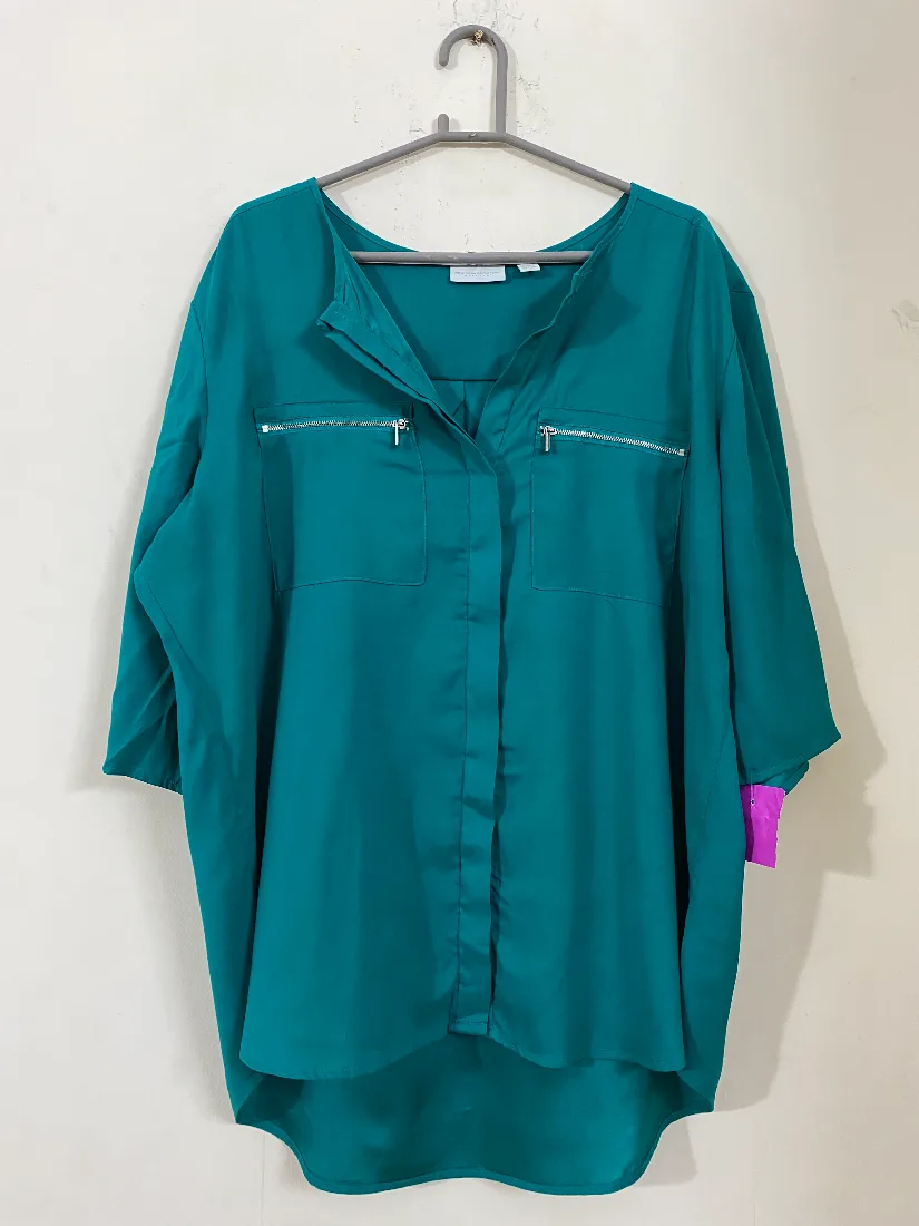 Teal Silk Button-Down Shirt with Zipper Pockets — photo 2 of 2