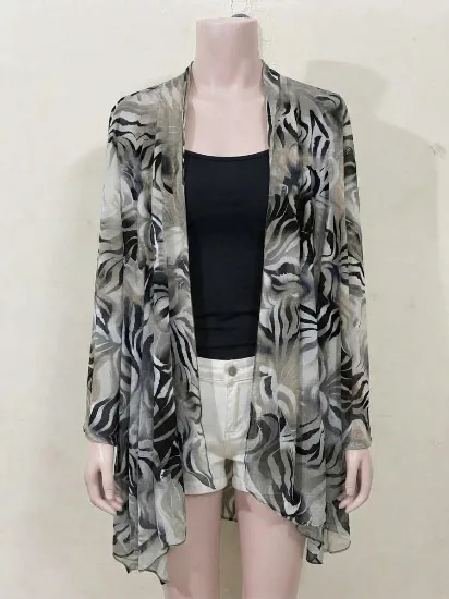 Open-Front Grey and Black Animal Print Stretchable Net Cardigan for Women