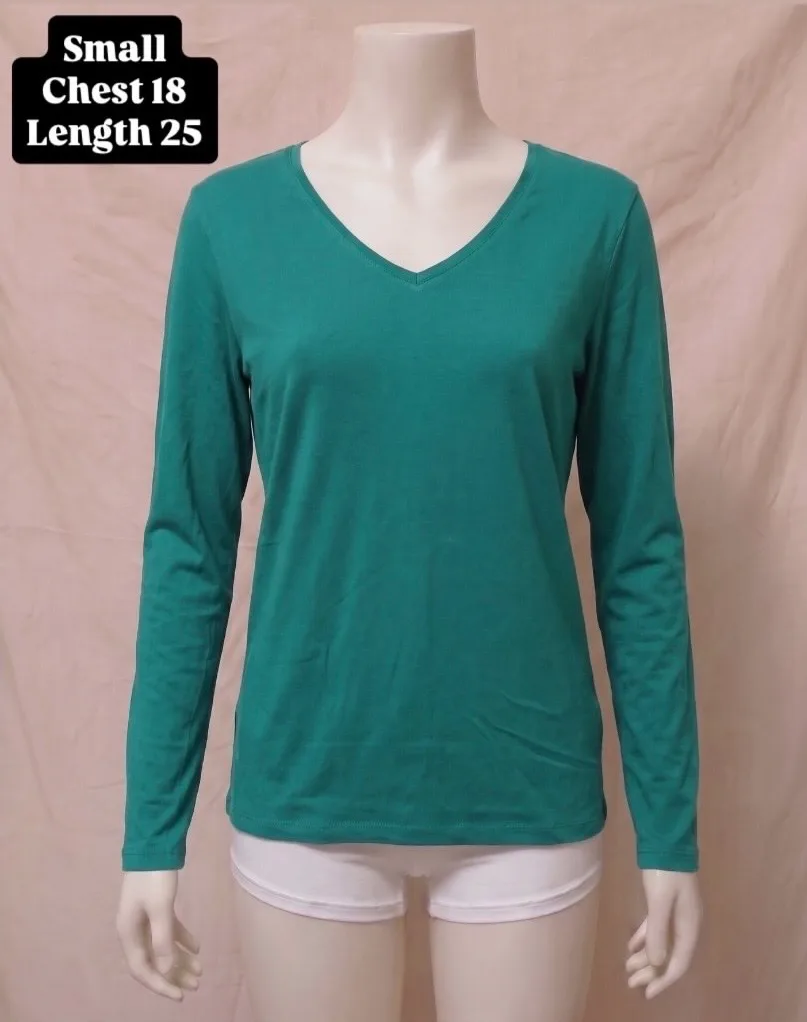 Teal Green V-Neck Full Sleeves Cotton T-Shirt