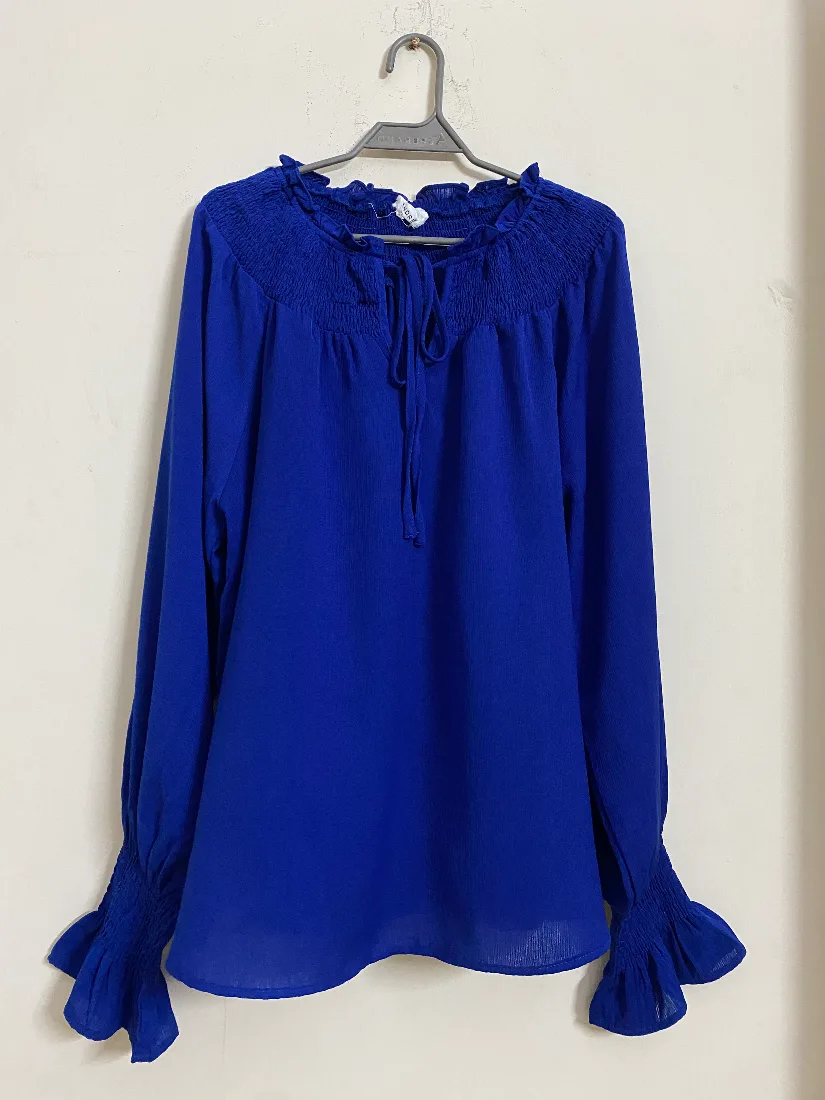 Royal Blue Smocked Neck Ruffle-Cuff Long-Sleeve Georgette Top — photo 2 of 4