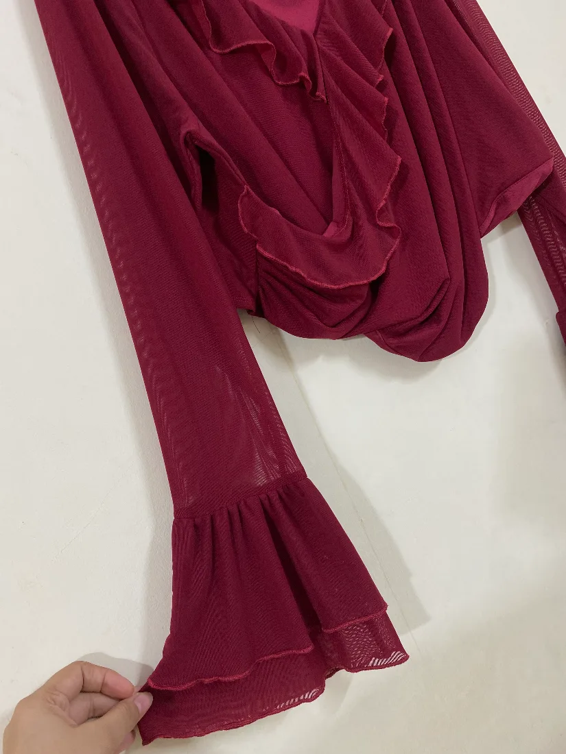 Maroon Ruffle Detail Soft Net Lined Top for Women  — photo 3 of 4
