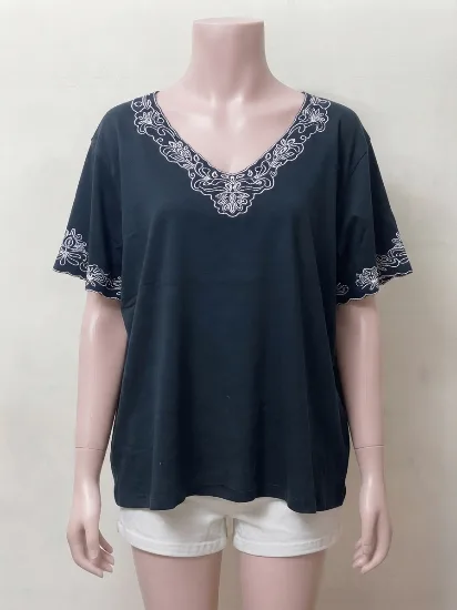Stylish Dark Blue with White Embroidered Neckline Stretchable Top for Women   
