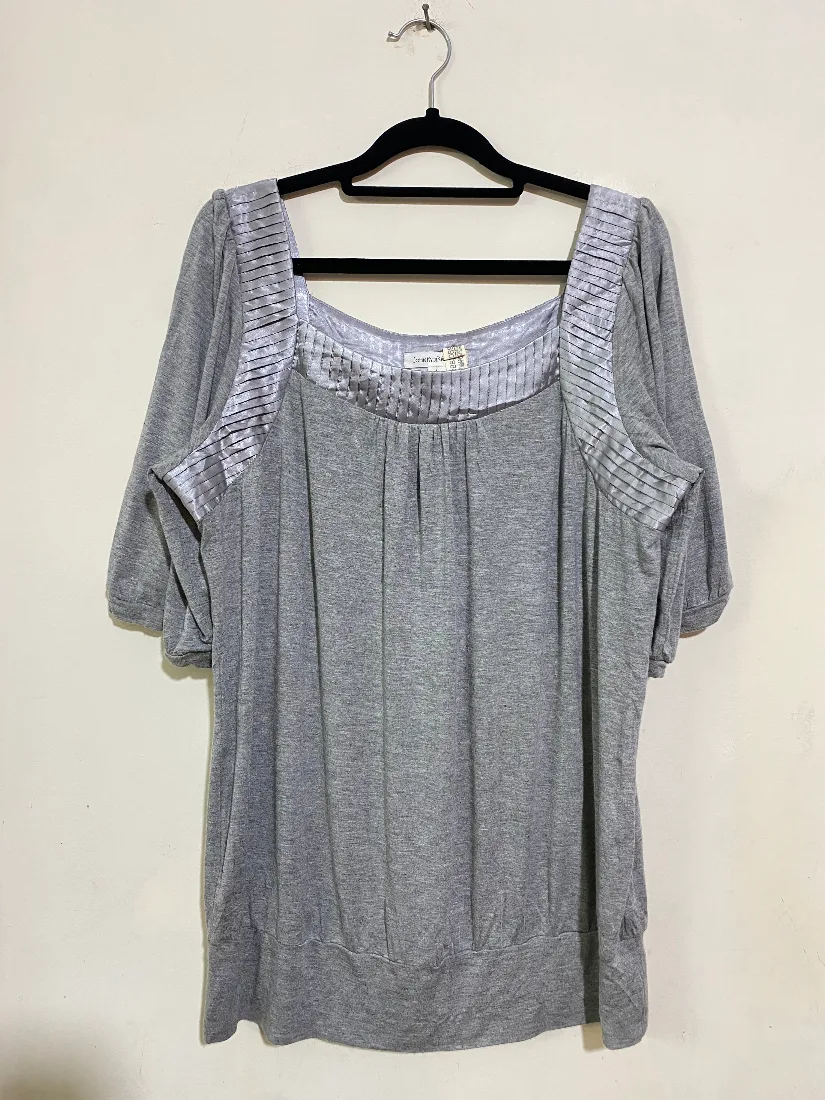 Grey Satin-Trim Pleated Blouse