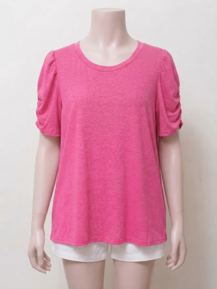 Pleated Shoulder Hot Pink Tee