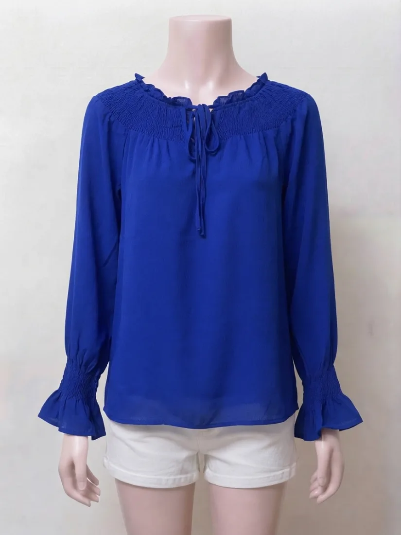 Royal Blue Smocked Neck Ruffle-Cuff Long-Sleeve Georgette Top — photo 1 of 4