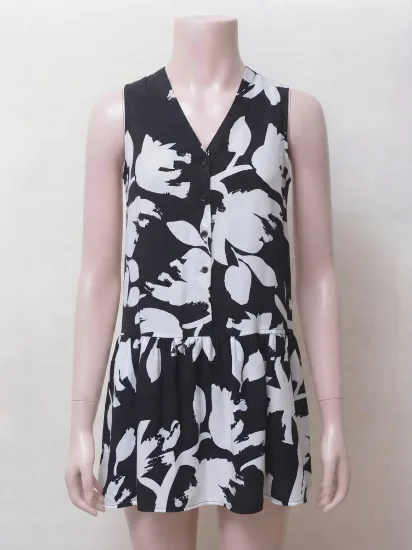 Black and White Floral Print Button-Front Ruffle Dress