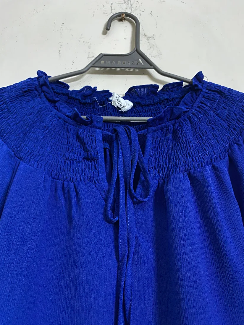 Royal Blue Smocked Neck Ruffle-Cuff Long-Sleeve Georgette Top — photo 3 of 4