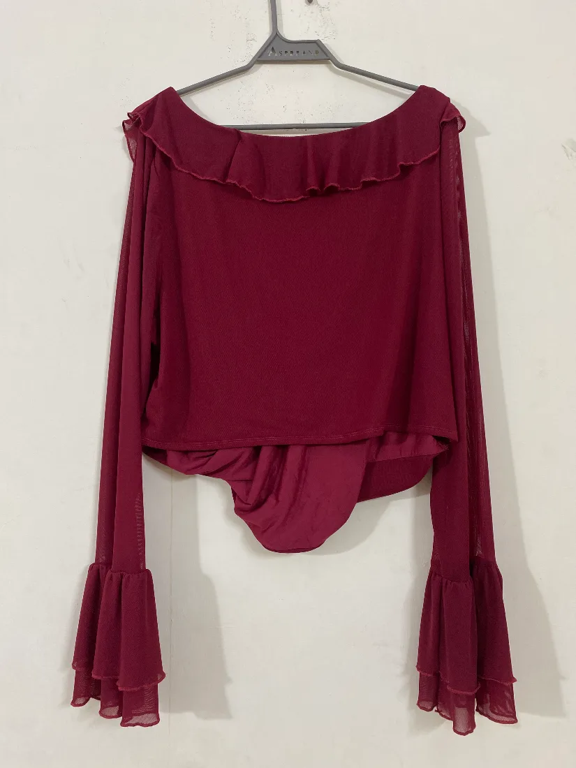 Maroon Ruffle Detail Soft Net Lined Top for Women  — photo 4 of 4