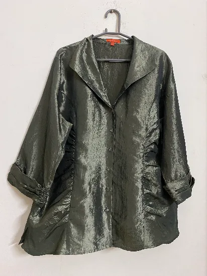 Shimmery Olive Green Button-Down Side-Ruched Shirt
