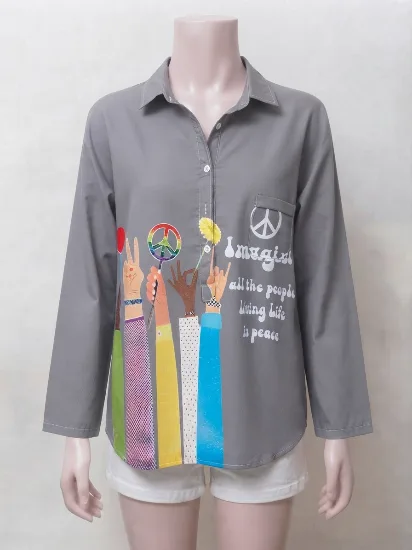 Grey Graphic Print Collared Button-Down Shirt for Women