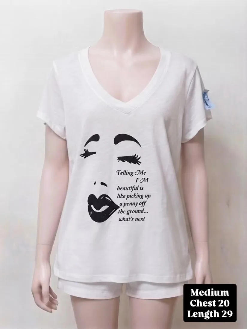 White Graphic Face Print V-Neck Tee