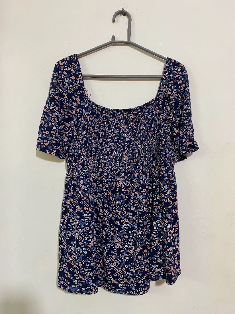 Navy Blue Floral Smocked Square-Neck Top — photo 2 of 3