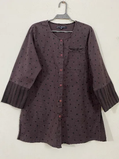 Casual Brown Polka-Dot Button-Down Tunic Shirt with Striped Cuffs