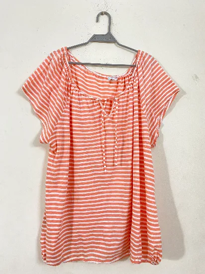 Orange and White Striped Tie-Neck Top for Women