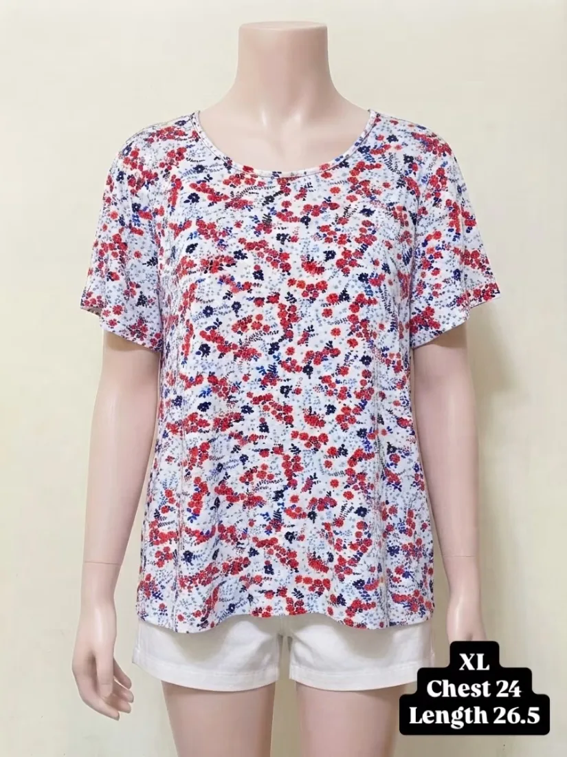 Red & Blue Floral Print White Tee
