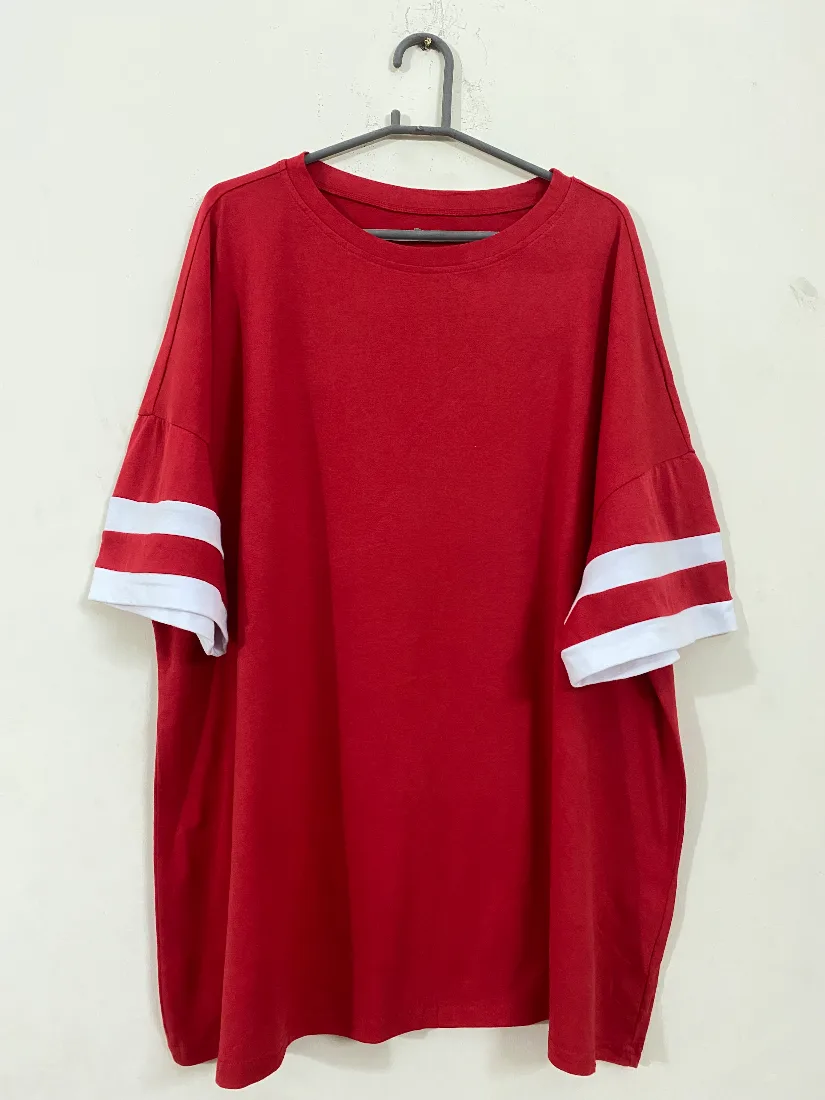 Stylish Red and White Striped-Sleeve Oversized T-Shirt for Women    — photo 2 of 2