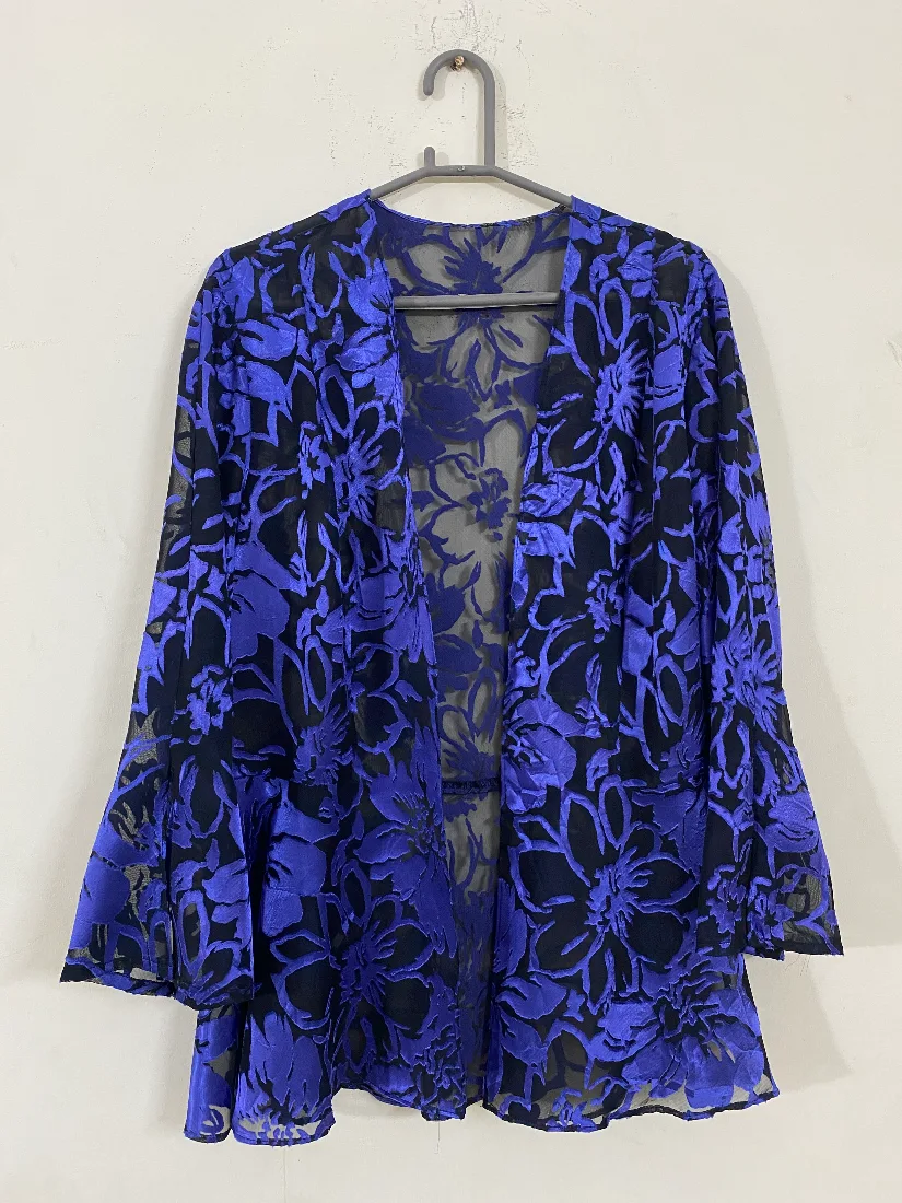 Stylish Blue and Black Floral Burn-Out Velvet Open-Front Cardigan for Women — photo 2 of 2