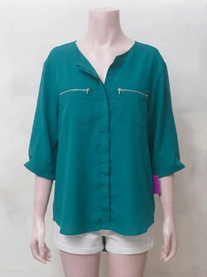 Teal Silk Button-Down Shirt with Zipper Pockets