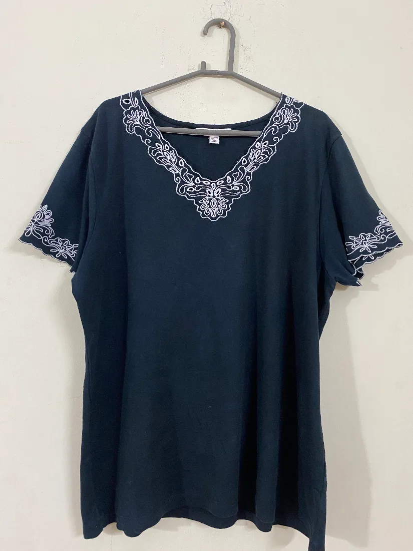 Stylish Dark Blue with White Embroidered Neckline Stretchable Top for Women    — photo 2 of 2