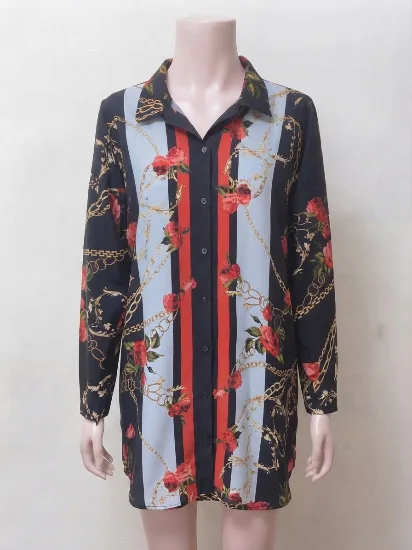 Stylish Black and Red Floral Chain Print Button-Down Shirt for Women   