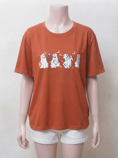 Rust Orange Ghost Nurse Graphic T-Shirt for Women 