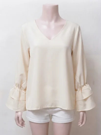 Elegant Cream V-Neck Layered Ruffle-Cuff Top