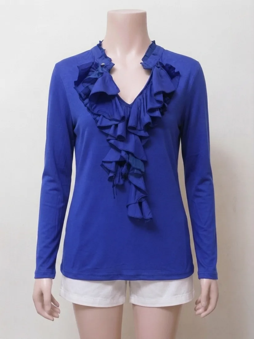 Royal Blue Ruffled Front Long-Sleeve Top