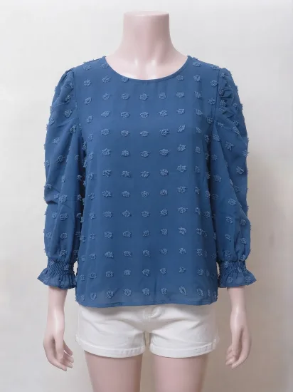 Dusty Blue Textured Dot Puff-Sleeve Chiffon Top