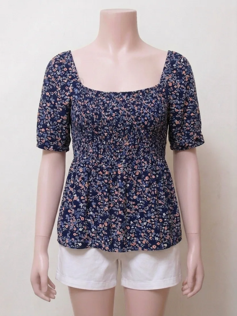 Navy Blue Floral Smocked Square-Neck Top