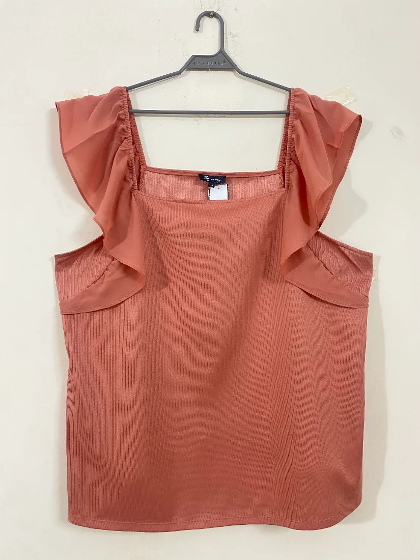 Peach Ribbed Top with Chiffon Ruffle Sleeves for Women  — photo 2 of 2
