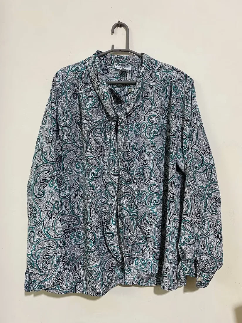 Green & Black Paisley Tie-Neck Blouse — photo 2 of 2