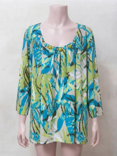 Blue and Green Abstract Print Top with Beaded Neck for Women  
