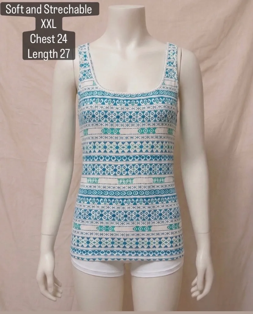 Teal Geometric Print Ribbed Tank Top
