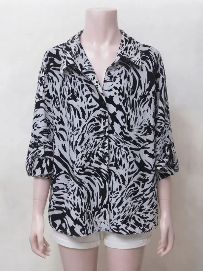 Black & White Abstract Print Chiffon Button-Down Shirt with Attached Inner   