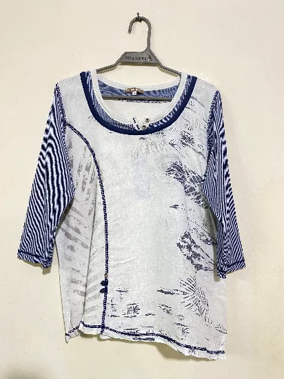 Blue and White Asymmetric Graphic Top