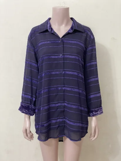 Purple Velvet-Striped Chiffon Button-Down Shirt   