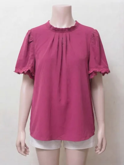 Magenta Pleated Neck Lace-Trim Blouse