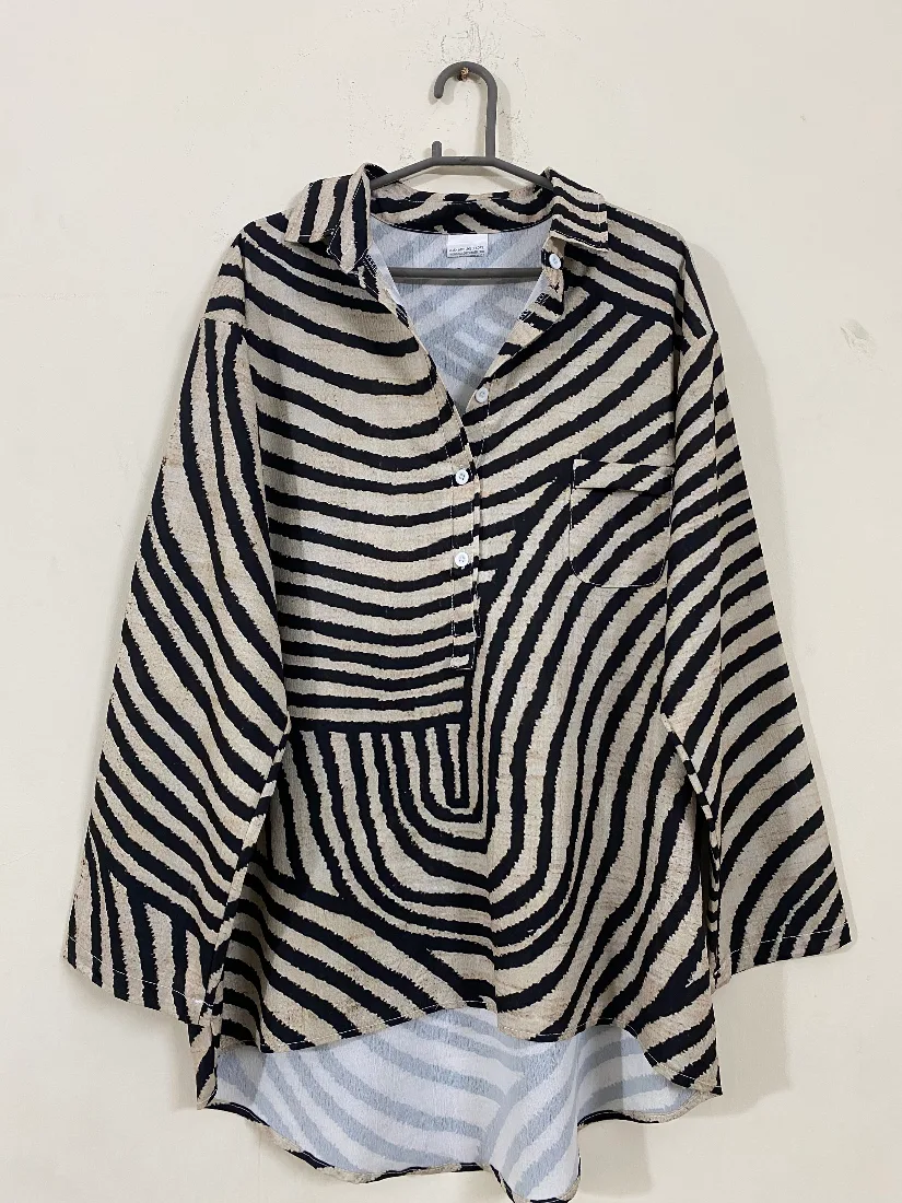 Beige and Black Abstract Striped Chiffon Shirt for Women — photo 2 of 2