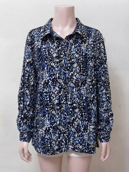 Stylish Blue Abstract Print Button-Down Shirt for Women