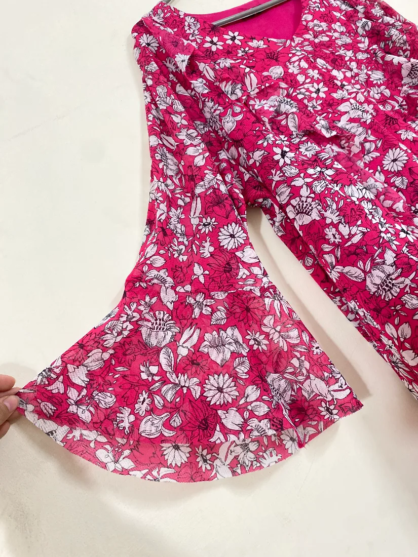 Pink Floral Print Ruffle Detail Lined Top for Women — photo 3 of 3