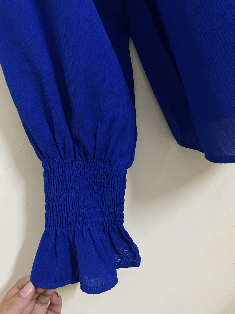 Royal Blue Smocked Neck Ruffle-Cuff Long-Sleeve Georgette Top — photo 4 of 4