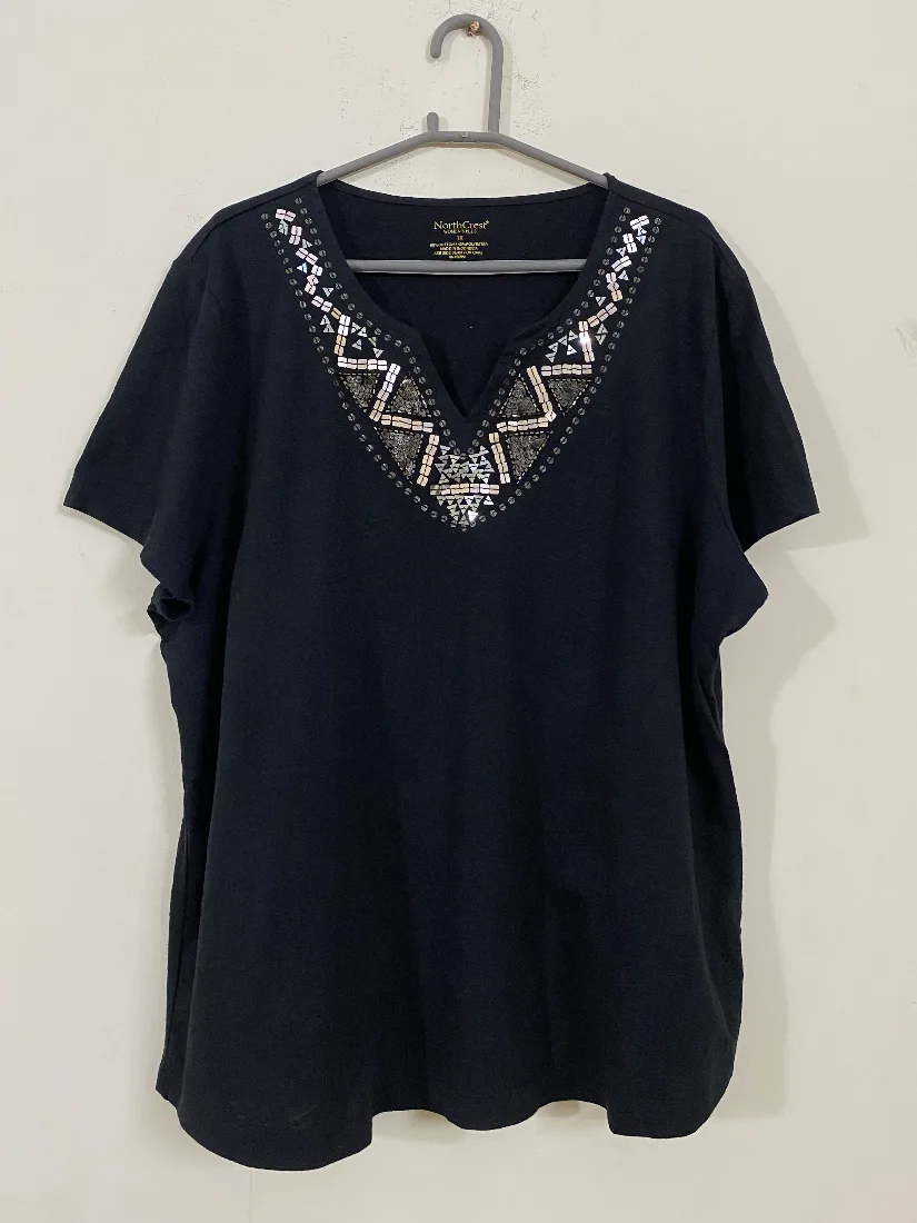Navy Blue Embellished V-Neck T-Shirt for Women  — photo 2 of 2