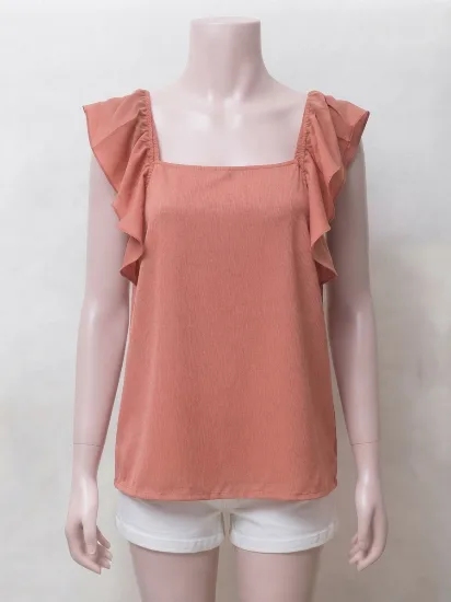 Peach Ribbed Top with Chiffon Ruffle Sleeves for Women 
