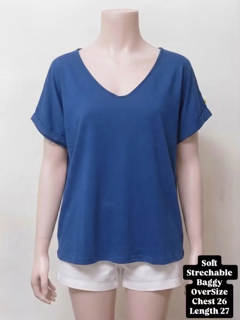 Royal Blue Cuffed Sleeve V-Neck Tee