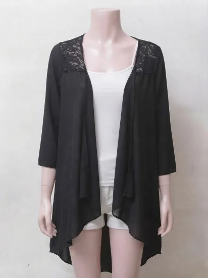Black Chiffon Open-Front Cardigan with Lace Yoke for Women