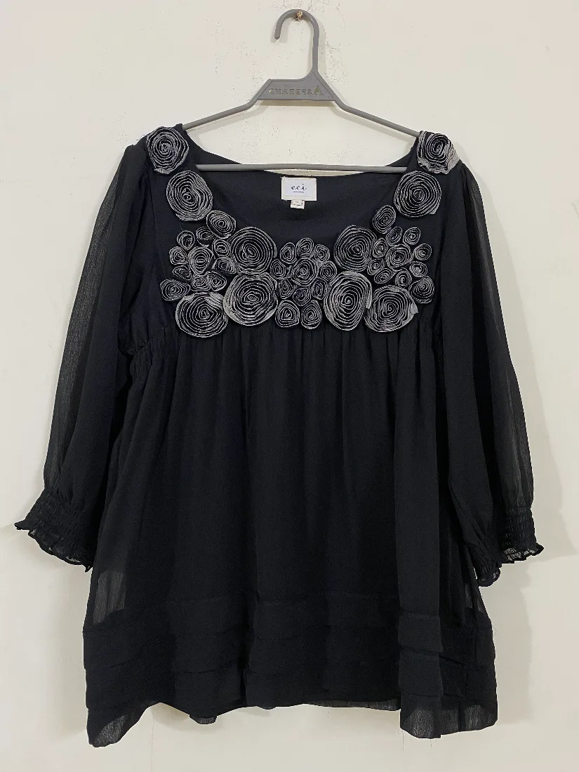 Elegant Black Top with 3D Floral Rosettes and Smocked Sleeves — photo 2 of 2