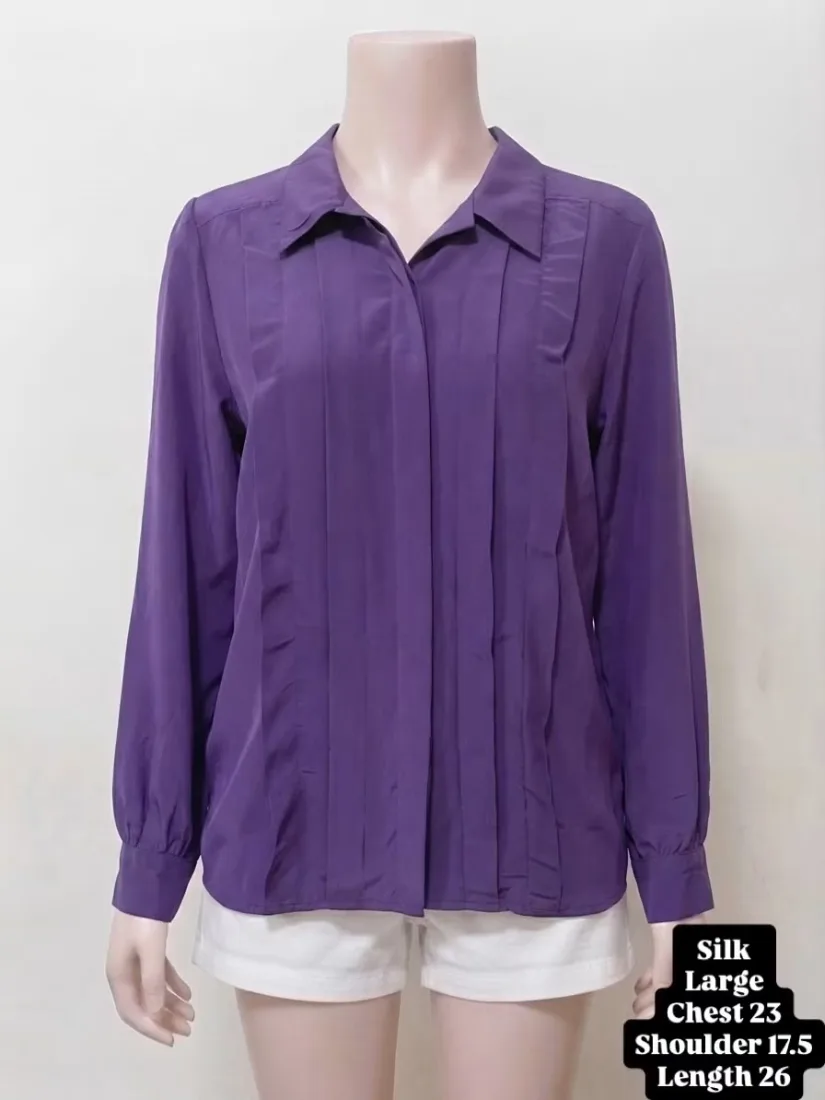 Purple Pleated Front Silk-Look Blouse