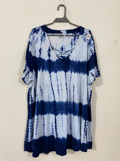 Stylish Navy Blue and White Tie-Dye Cross-Neck Stretchable Top for Women