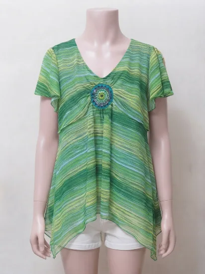 Green Striped Soft Net Lined Top for Women   